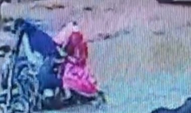 टीकमगढ़ में गड्ढे में बाइक सहित गिरा परिवार:गोद में बच्चे के साथ पानी में गिरे दंपती, सीसीटीवी में कैद हुई घटना